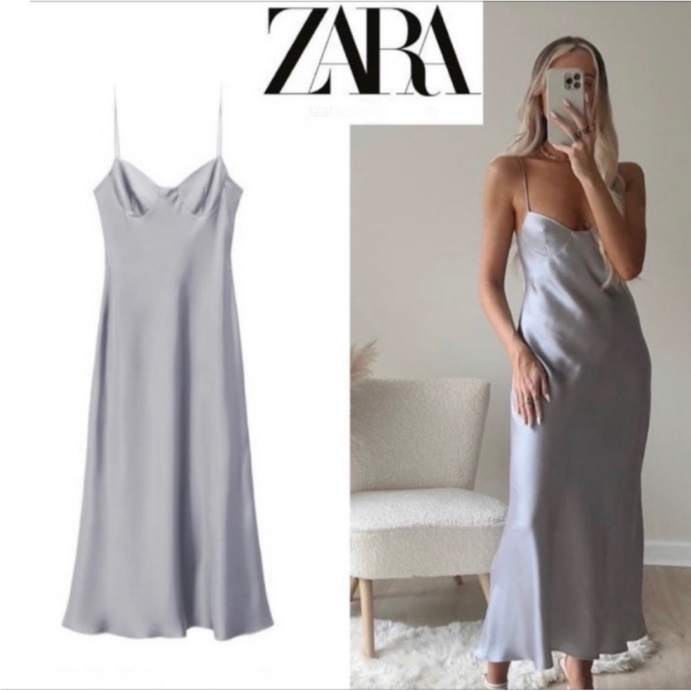 ZARA SATIN BUSTIER SLIP DRESS Silver Pewter Size Medium New - Picture 2 of 9